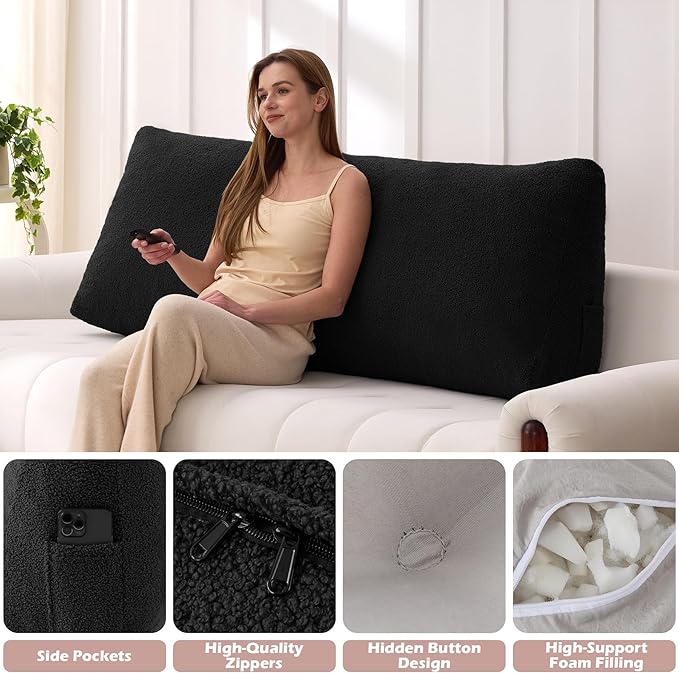 Headboard Pillow King, Triangle Bed Wedge Pillow for Headboard, Backrest Pillow for Sitting up, Reading, Working, Headboard Daybed Pillow with Removable Cover for Bed, Dorm Sofa, Black