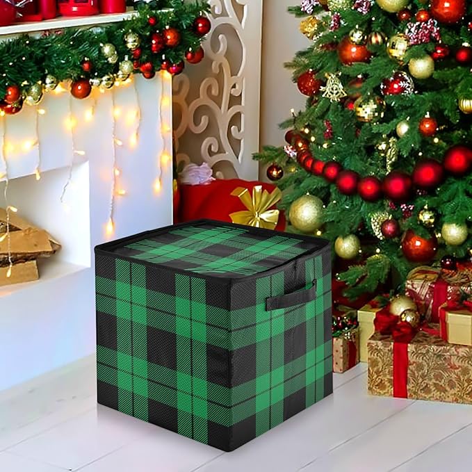 Green Black Christmas Ornament Storage Basket Box Buffalo Plaid Winter Holiday Storage Container Cube with Adjustable Dividers for 64 Holiday Ornaments or Decorations Keeps Clean and Dry