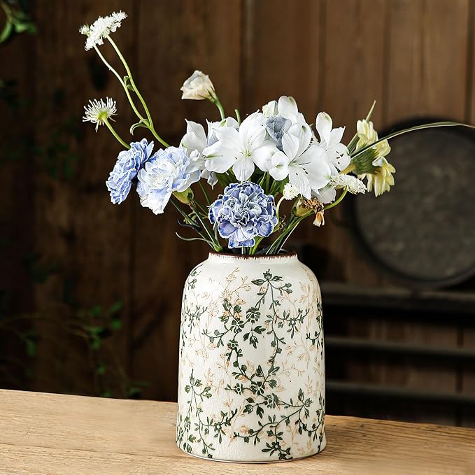 for Mom from Daughter or Son, Vintage Green Chinoiserie Ceramic Vase 7.8”, Ice Crack Floral Retro Decorative Vase for Living Room, Bookshelf, Office, Grandmillennial Decor