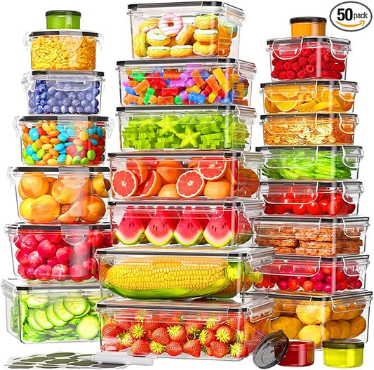 50 PCS Food Storage Containers with Lids Airtight (25 Containers & 25 Lids), 100% Leak Proof Meal Prep Container for Kitchen, BPA-Free Plastic(Polypropylene5), Microwave/Dishwasher Safe, Labels & Pen