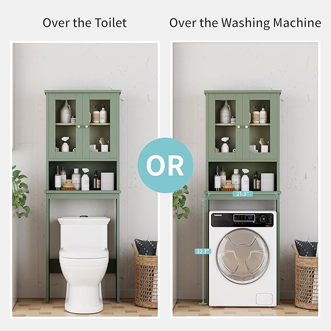 Shintenchi Over the Toilet Storage Cabinet, Bathroom Shelf Organizer with Anti-Tip Device Small Freestanding Space Saver with Adjustable Shelf and Glass Door, Green