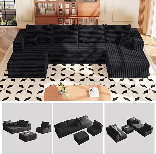 Modular Sectional Sofa, Boneless Compressed Sofa in a Box, U-Shaped Cloud Couch with Deep Seats & Chaise for Living Room, No Assembly Required (Black, 118" U-Shape with Right Facing Chiase) | Boneless Compressed, Sofa in a Box, Cloud Couch, Deep Seats,...