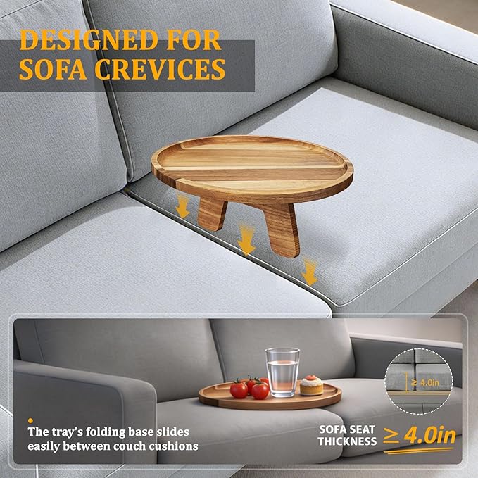 Acacia Wood Sofa Tray, Folding Couch Table Insert for Middle Portable Couch Armrest Trays Perfect for Drinks, Snacks, Phone, Remote Control (Circle)