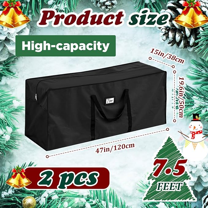 Paterr 2 Pack 7.5 ft Large Christmas Tree Storage Bag, 600d Waterproof Oxford Heavy Duty Artificial Christmas Tree Container Trees Storage Holder Bag Box with Reinforced Handle Dual Zipper(Black)