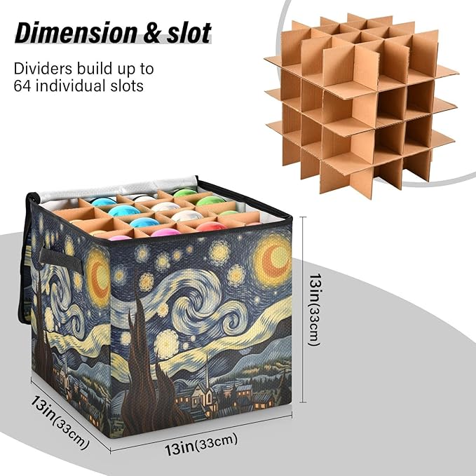 Kigai Van Gogh's Starry Sky Christmas Ornament Storage Box with Zipper & Adjustable Dividers Holiday Ornament Organizer Xmas Storage Container, 64 Balls