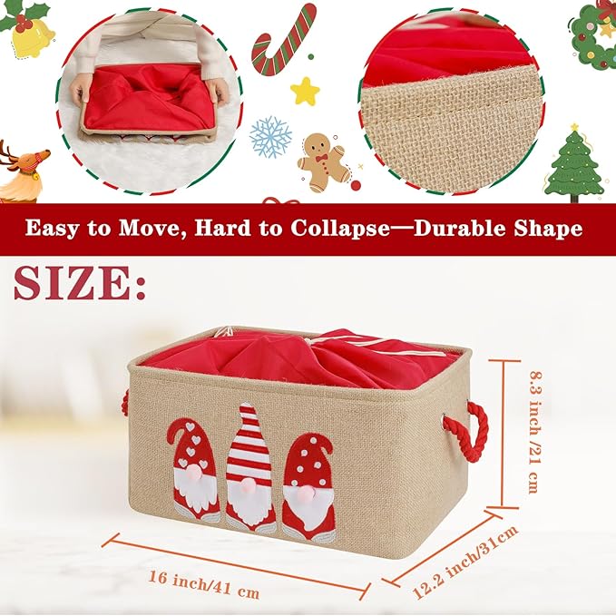 INough Christmas Baskets for Gifts Empty, Christmas Gnomes Basket, Large Gifts Bags for Holiday Ornaments Collapsible Storage Bins with Drawstring for Kidsroom