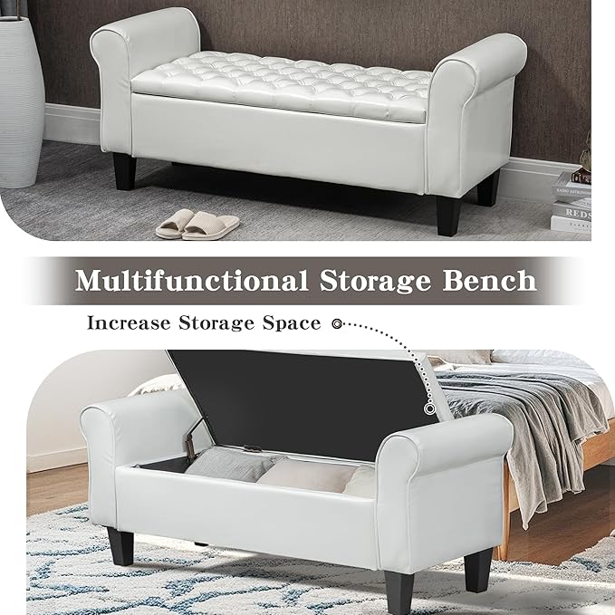 ECOTOUGE Ottoman with Storage for Living Room, Leather Upholstered Bench Footrest, Bedroom Benches at End of Bed, Rolled Arm Ottoman, Cream Color