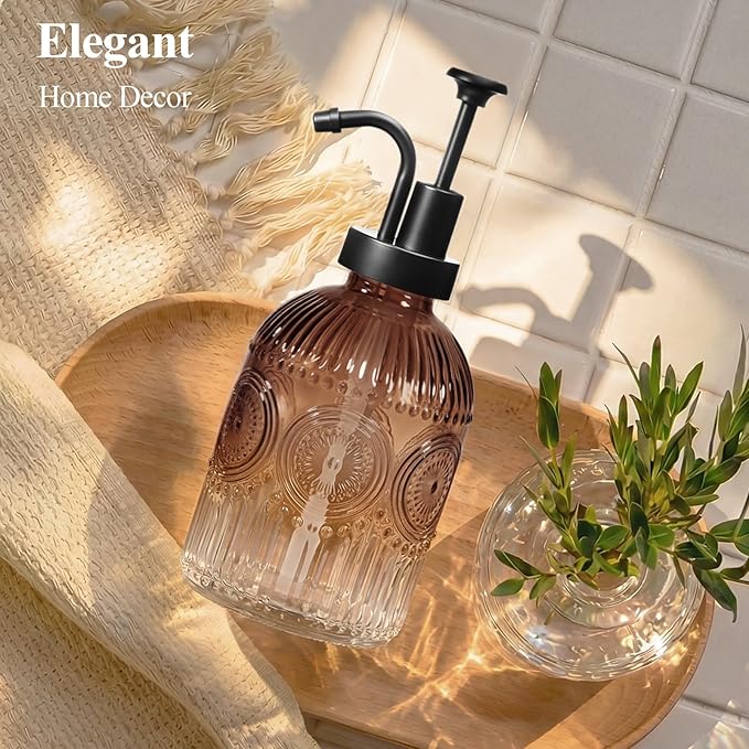 SheeChung 12Oz Vintage Glass Bathroom Soap Dispenser, Kitchen Dish Soap Dispenser with Pump, Refillable Liquid Hand Soap Bottle, Lotion, Antique Rustic Farmhouse Decor (Brown-Black Pump, 2 Pack)