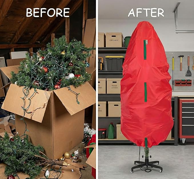 Upright Christmas Tree Storage Bag - Fits 9 Ft Artificial Xmas & Topiary Tree, Vertical Holiday Cover, Durable, Dustproof & Easy-Use Xmas Storage, Red