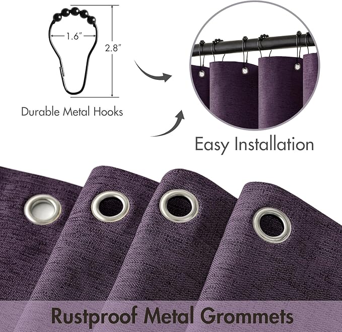 MIULEE Purple Scalloped Shower Curtain Linen Textured with 12 Metal Hooks Cute Heavy Duty Washable Waterproof Thick Cloth Shower Curtains with Black Border for Bathroom Hotel Bathtub,W72*L72