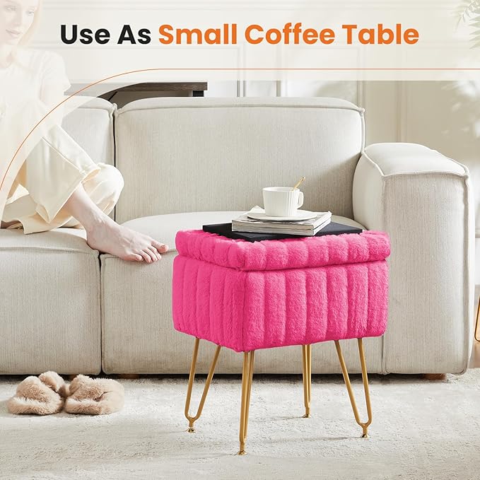 DUMOS Vanity Stool Chair, Ottoman with Storage, Makeup Cute Soft Small Footstool, Modern Style Faux Fur Seat with 4 Metal Legs & Adjustable Feet for Dressing, Living Room, Bedroom, Dorm, Red