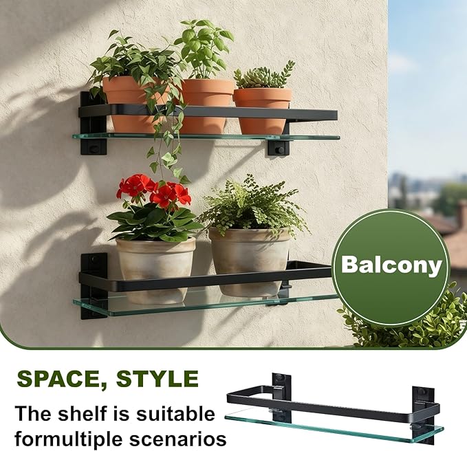 AIJALY 3 Pack Bathroom Glass Shelf,Aluminum Tempered Glass 0.3in Extra Thick Rectangular 1 Tier Storage Organizer Wall Mount,Black 15.7in