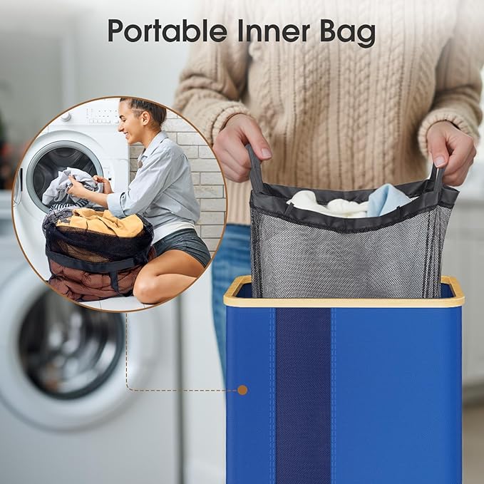 SpaceTrove Laundry Basket Clothes Hamper with Lid and Pocket Large Collapsible Laundry Baskets with Handle, Blue Freestanding Hampers for Bedroom Aesthetic, Dorm, Bathroom, Laundry Room (80L)