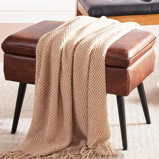 Storage Ottoman Upholstered Stool with Padded Seat, Tufted Vanity Stool with Metal Legs, Accent Stool, Faux Leather, Retro Brown