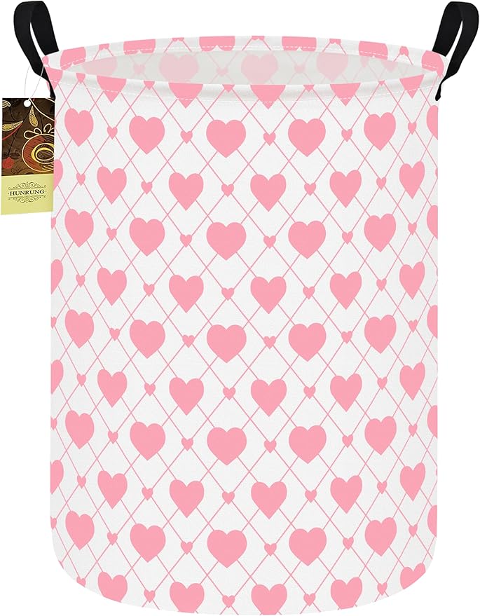 HUNRUNG Collapsible Fabric Storage Basket, Waterproof Laundry Hamper with Handles, Round Storage Bin for Clothes Toys, Foldable Organizer for Bedroom Nursery Bathroom(Round-Heart)