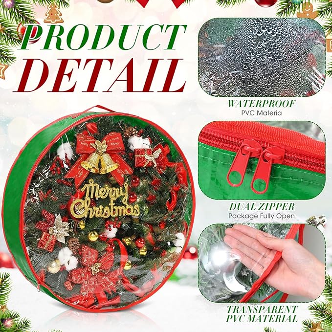 Aliceset 4 Pack Wreath Storage Containers, Ornament Garland Wreath Storage Bags with Handle Zipper Decorative Storages Box for Winter Valentine Wreaths(30 x 30 x 7.8 Inch,Light Green)