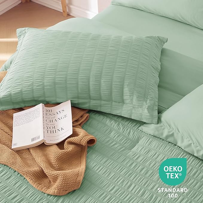 MUXHOMO 5 Pieces Twin XL Comforter Set, Seersucker Bed in a Bag Twin XL Size, All Season Luxury Bedding Set with Comforter, Flat Sheet, Fitted Sheet, Pillowcase & Sham, Sage Green