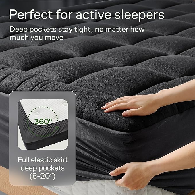 Niagara Ultra Soft Full Size Mattress Topper - Viscose Made from Bamboo Pillow Top Mattress Pad for Back Pain Relief - Naturally Cooling for Hot Sleepers, fits 6-18" Mattress, 600GSM, Black