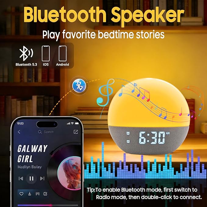 Sunrise Alarm Clock & White Noise Machine, Effective Alarm Clocks for Deep Sleepers, Bluetooth Speaker Wake Up Light, Sunset Simulation, 30 Soothing Sounds, FM Radio, USB Phone Charging Port
