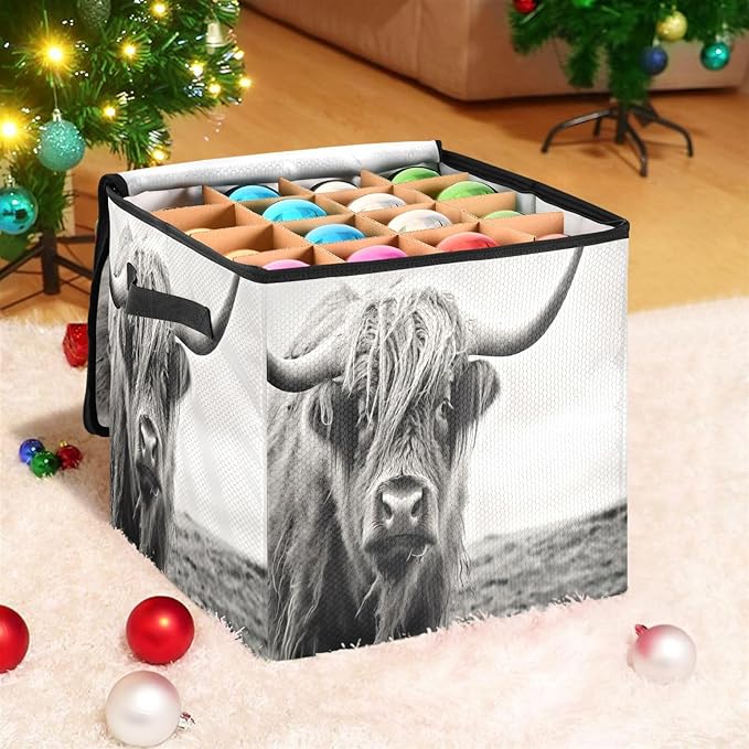Kigai Highland Cow Christmas Ornament Storage Box with Zipper & Adjustable Dividers Holiday Ornament Organizer Xmas Storage Container, 64 Balls