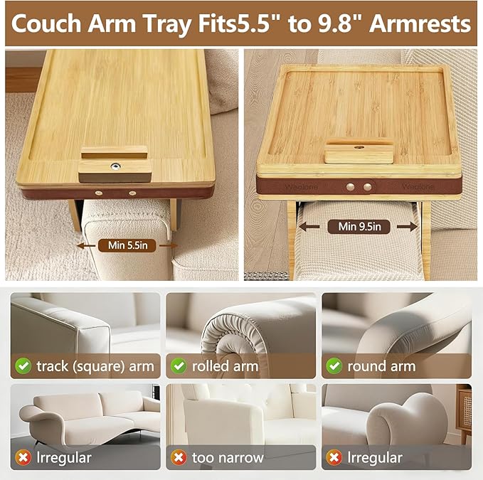 Couch Armrest Tray with Bamboo - Adjustable Sofa Arm Table with 360° Rotating Phone Holder and Hidden Storage Compartment for Snacks, Drinks, Remote, Fits Sofa Width of Armrest 5.5" - 9.8" (Natural)