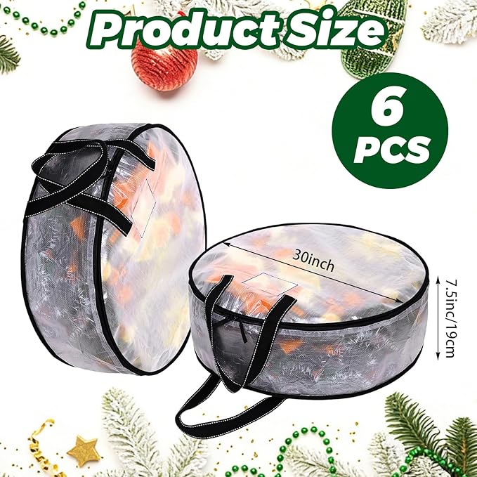 YAYODS 6 Pack Wreath Storage Container 30 Inch Christmas Wreath Storage Bag, Heavy Duty Christmas Wreath Boxes with Clear Window for Xmas Holiday Seasonal Wreath Garland (Black)