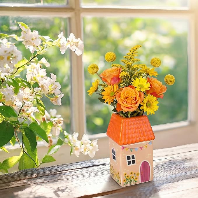 Remerry Ceramic House Shape Vase 2.4 x 3.8 Inch Mini Handmade Vase Decorative Small Flower Container for Living Room Bedroom Farmhouse Home Table Decor Cute Birthday Gift (Orange)