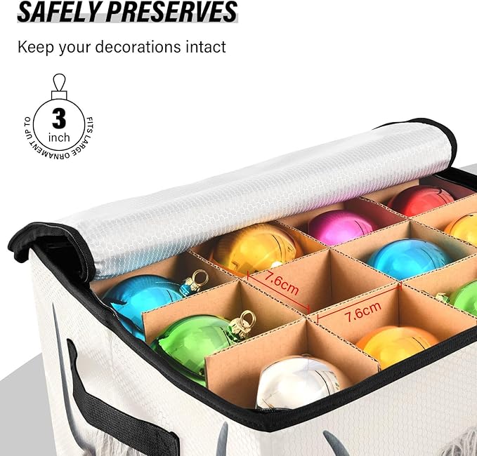 Kigai Highland Cow Christmas Ornament Storage Box with Zipper & Adjustable Dividers Holiday Ornament Organizer Xmas Storage Container, 64 Balls