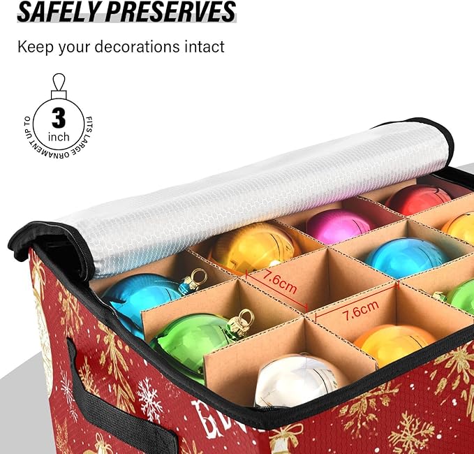 Red Snowflake Christmas Ornament Storage Basket Box Winter Xmas Holiday Storage Container Cube with Adjustable Dividers for 64 Holiday Ornaments or Decorations Keeps Clean and Dry for Next Season