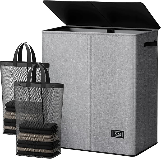 SOLEDI Double Laundry Hamper with Lid and Removable bag, Large Laundry Basket 2 Section with handles, Collapsible Dirty Clothes Hampers for Laundry, Bedroom, Dorm, College