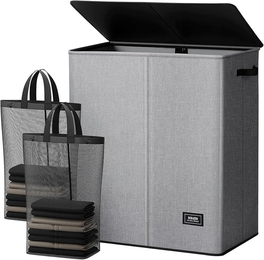 SOLEDI Double Laundry Hamper with Lid and Removable bag, Large Laundry Basket 2 Section with handles, Collapsible Dirty Clothes Hampers for Laundry, Bedroom, Dorm, College