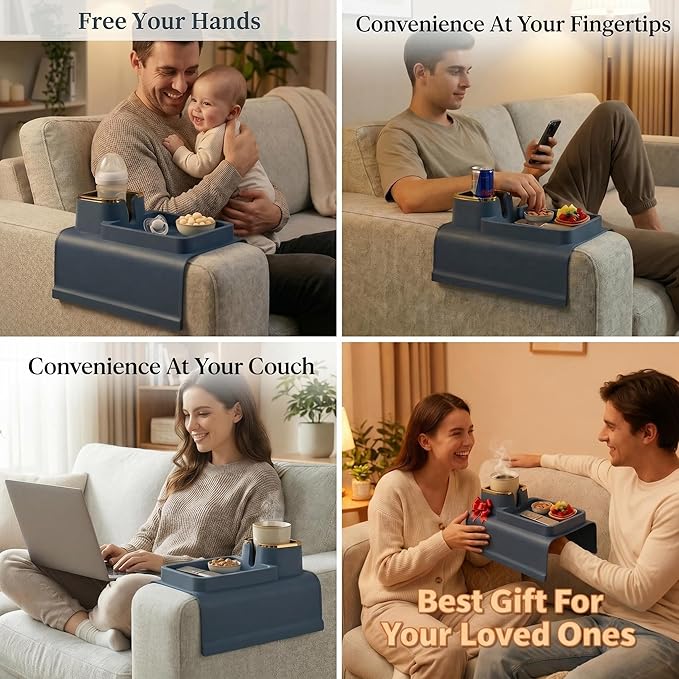 Luxury Gold Trim Couch Cup Holder Tray - Weighted Silicone Anti-Spill Sofa Armrest Organizer, Non-Slip Recliner Tray Table for Drinks, Remote, Phone - Fits Most Couch Arms, Home Gift