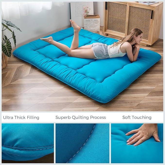 MAXYOYO Japanese Floor Mattress Futon Mattress, Thicken Tatami Mat Sleeping Pad Foldable Roll Up Mattress Boys Girls Dormitory Mattress Pad Kids Floor Lounger Couches and Sofas, Turquoise, Twin Size
