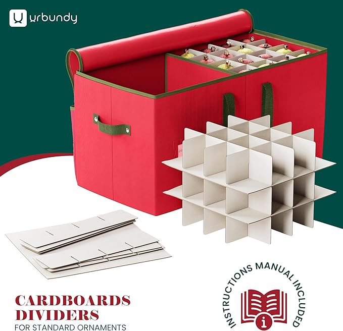 Christmas Ornament Storage Box - Red, Fits 128 Ornaments - Organizer With Dividers & Handles
