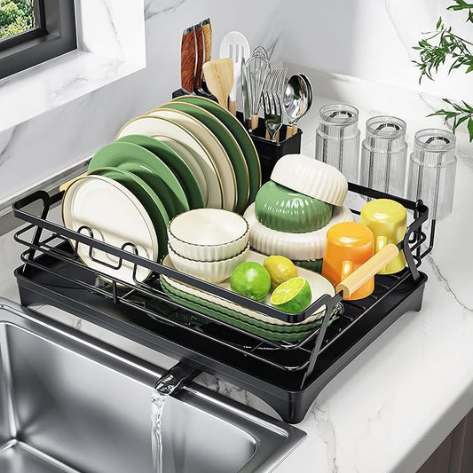 Epicano Dish Drying Rack for Kitchen Counter - Large Capacity Dish Rack with Wooden Handle,Cup Holder & Knife Slots, Rustproof Dish Drainer with Auto-Drainage System, Kitchen Sink Organizer, Black