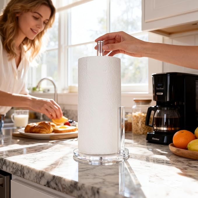 Acrylic Paper Towel Holder, Premium Stand for Kitchen Organize, One-Handed Manipulation Countertop Roll Paper Dispenser (DP014)