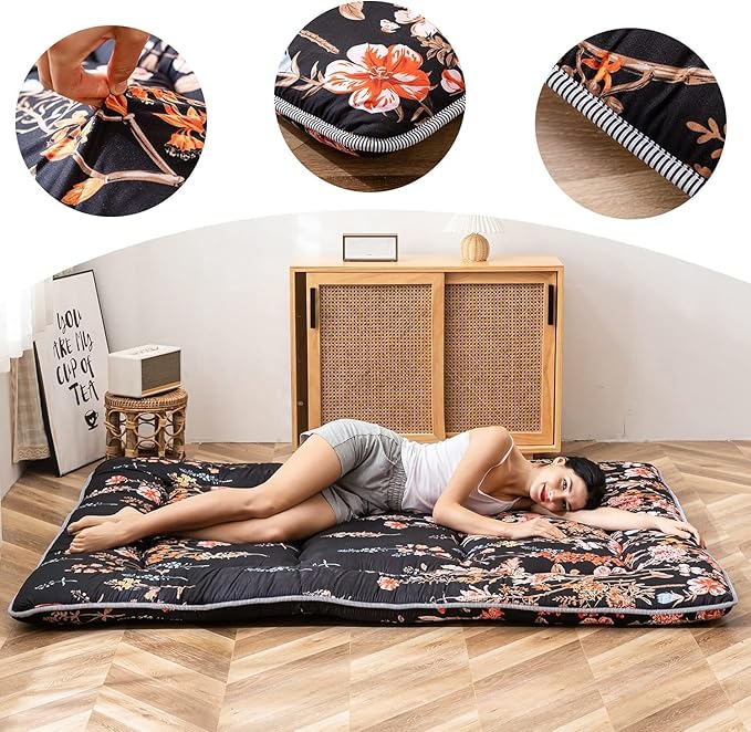Black Floral Japanese Futon Floor Mattress, Mattress Topper Portable Thick Sleeping Pad Floor Mat Roll Up Camping Mattress Folding Couch Mattress Pad for Guest Room, Twin Size