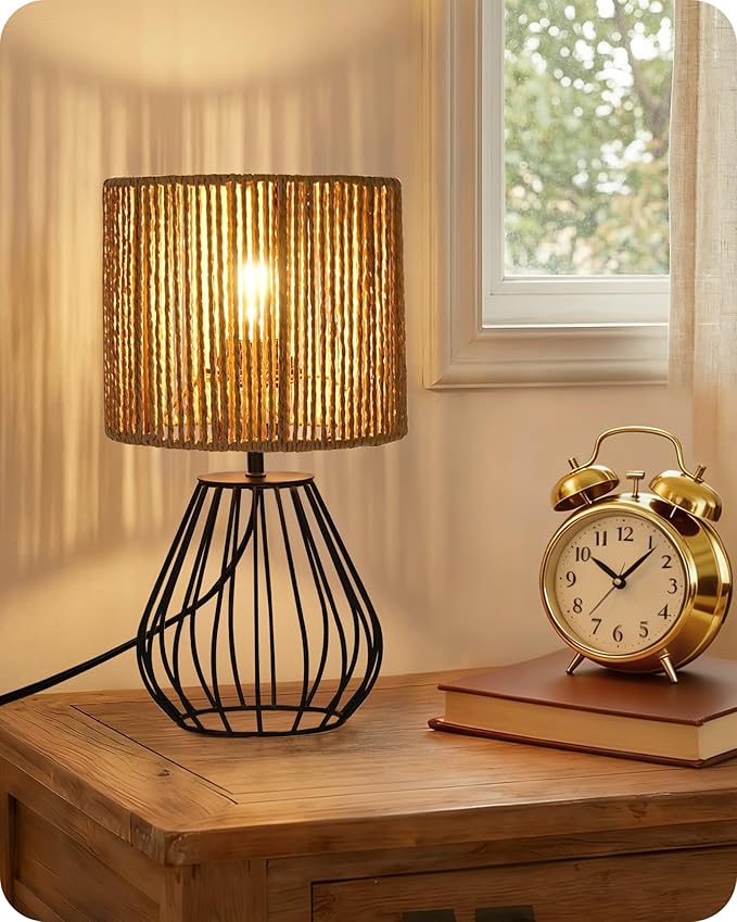 Rattan Table Lamp, Boho Table Lamp, Small Bedside Lamp, Handwoven Paper Lampshade, 2700K LED Bulb Included, Boho Desk Lamp, Modern Nightstand Lamp for Bedroom, Living Room, Striped SW06TL05