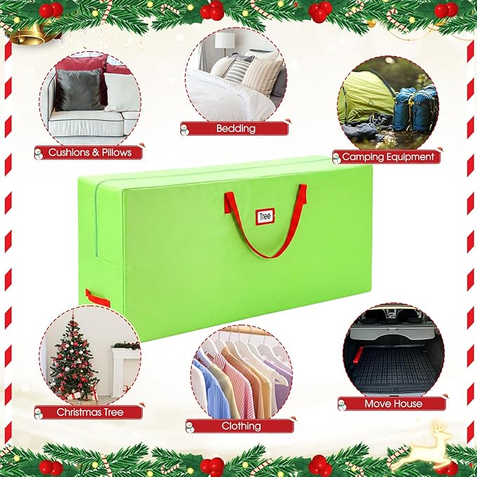9 ft Christmas Tree Storage Bag Heavy Duty 420D Oxford Artificial Christmas Tree Bag with Reinforced Handles Dual Zippers Card Slot Wide Opening Extra Large Storage Container, Green