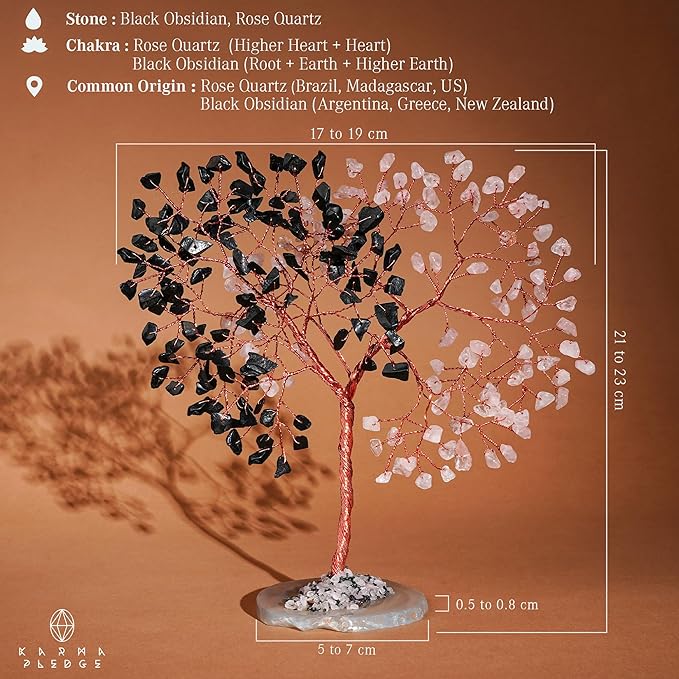 Handmade Healing Crystal Tree of Life Black Obsidian & Rose Quartz Chakra Tree for Money, Good Luck, Feng Shui Home Decor, Living Room Office Deocration, Unique Birthday Gifts for Women, Men, Mom