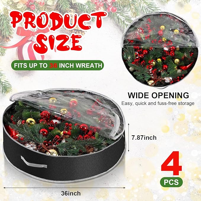Aliceset 4 Pack Wreath Storage Containers, Ornament Garland Wreath Storage Bags with Handle Zipper Decorative Storages Box for Winter Valentine Wreaths(36 x 36 x 7.8 Inch,Black)