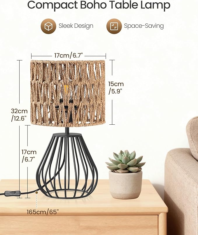 Rattan Table Lamp, Boho Table Lamp, Small Bedside Lamp, Handwoven Paper Lampshade, 2700K LED Bulb Included, Boho Desk Lamp, Modern Nightstand Lamp for Bedroom, Living Room, HW06TL05
