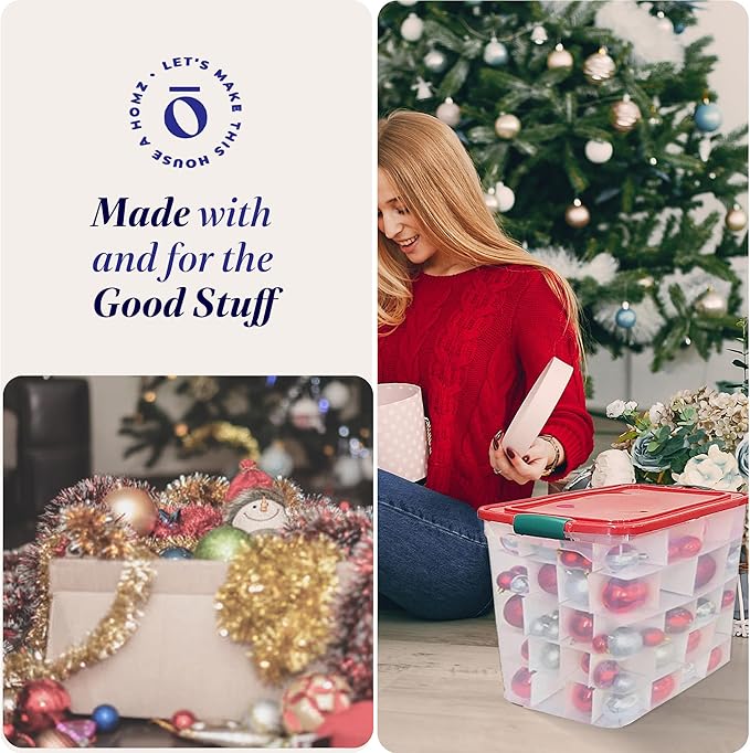 HOMZ 2-Pack Holiday Tote, Clear Plastic Storage Bins w/Lids & Dividers, 112 Quart, Red - Stackable Organizing Containers for Christmas Ornament Decorations, Gift Wraps, and Crafts