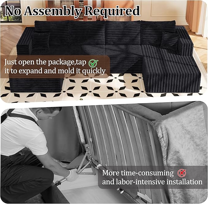 Modular Sectional Sofa, Boneless Compressed Sofa in a Box, U-Shaped Cloud Couch with Deep Seats & Chaise for Living Room, No Assembly Required (Black, 118" U-Shape with Right Facing Chiase) | Boneless Compressed, Sofa in a Box, Cloud Couch, Deep Seats,...