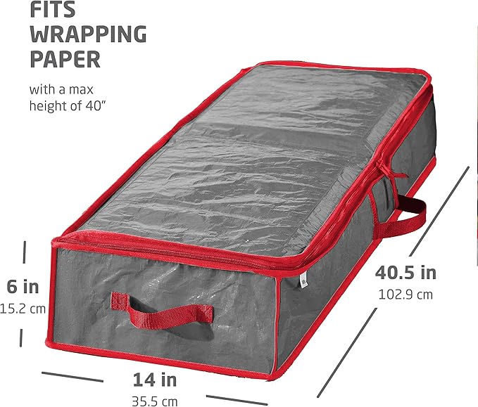 ZOBER Gift Wrapping Paper Organizer Storage - 40" Gift Wrap Storage Containers With Interior Pockets For Bows, Tags & Ribbons - Wrapping Paper Holder, Waterproof, Fits 24 Standard Rolls (Gray)