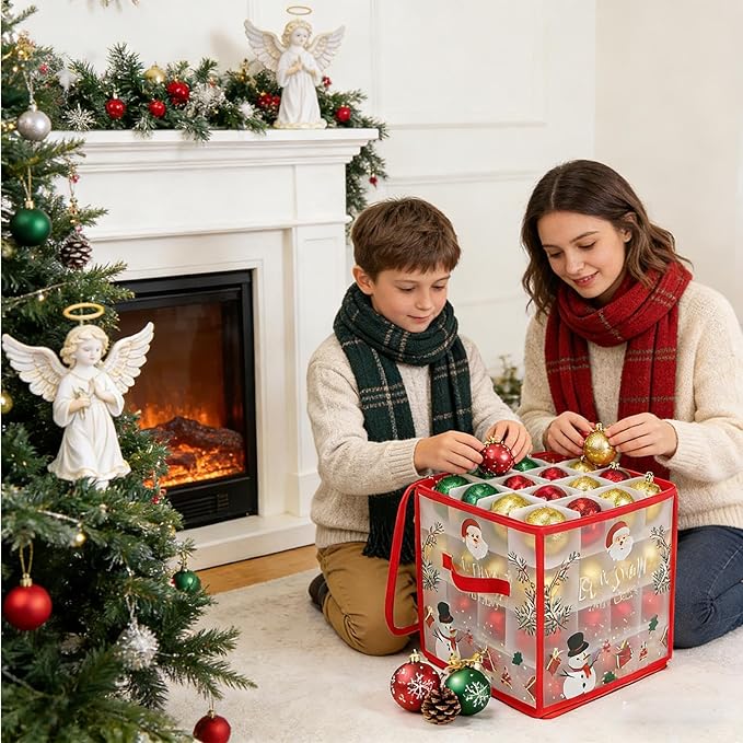 Ornament Boxes - Zippered Organizer Bins with Dividers, Christmas Storage Box with Lid and Handle, Sturdy Fabric Material, Premium Holiday Storage Accessory, Perfect for Home Basement Garage Closet