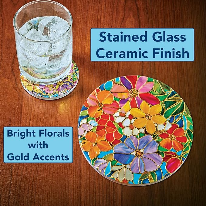Bits and Pieces Set of 4 Drink Coasters Stained Glass Look Ceramic Coasters with Cork Backing, Bright Flowers with Gold Accents - 3 1/2" Floral Coaster Set