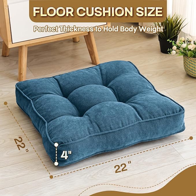 1 MIDDLE ONE Floor Pillow Set of 2, Memory Foam Floor Cushions for Adults, Large Meditation Pillow for Sitting, 22 x 22 Inches (Square | Navy)