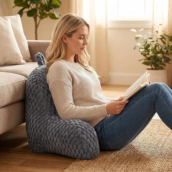 Faux Fur Reading Pillow for Bed Adults, Ultra Soft Plush Floor Backrest Pillow with Side Pockets for Bed & Couch, Perfect for Reading, Watching TV, Gaming, Relaxing, Gray