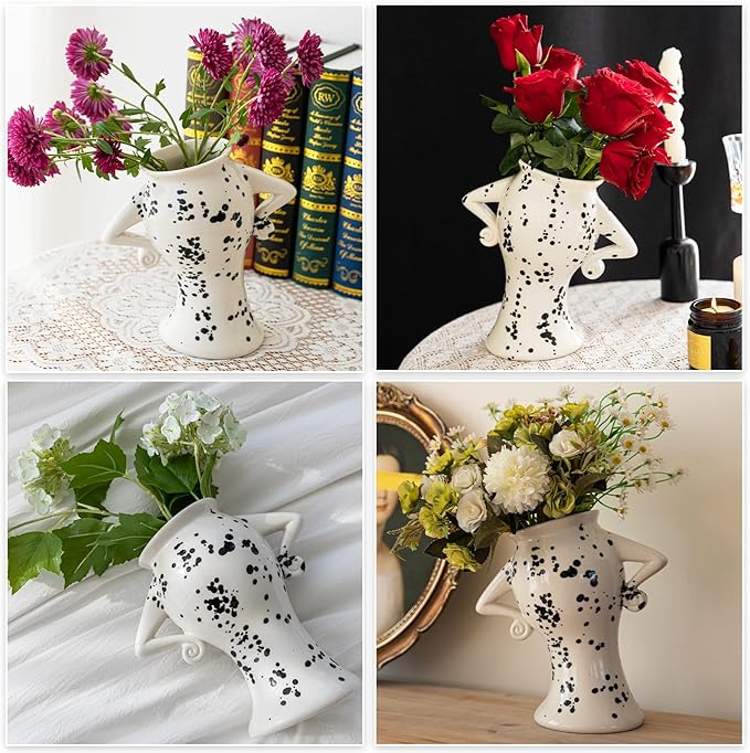 COTYNI Ceramic Vase with Attitude, Unique Flower Vase for Home Decor, Sassy Decorative Vase for Flowers, Cute Boho Vase for Bookshelf Decor, Vintage Quirky Electic Funky Decor for Living Room